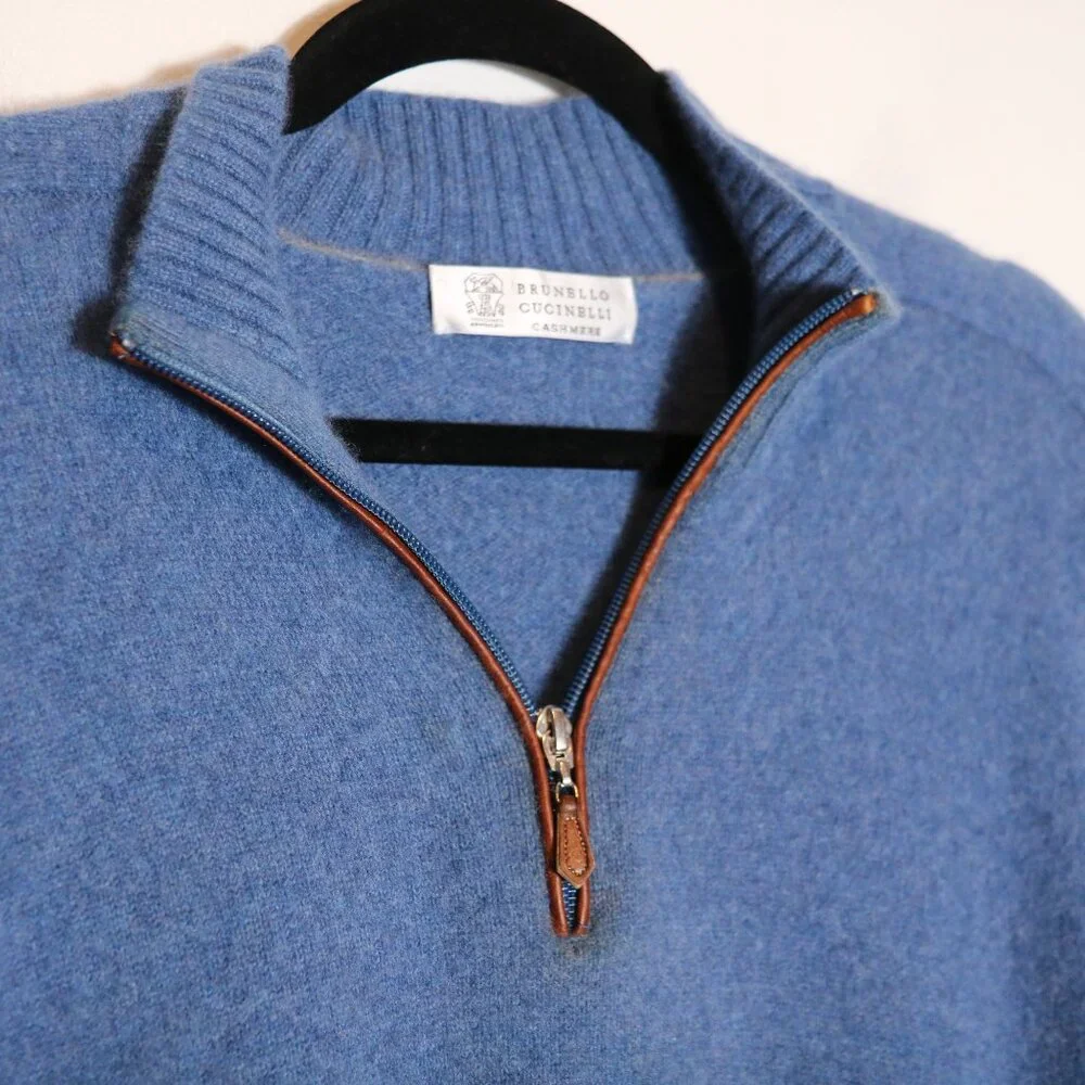 Brunello Cucinelli 100% Cashmere Quarter Zip Sweater 54 Large Blue Leather Trim